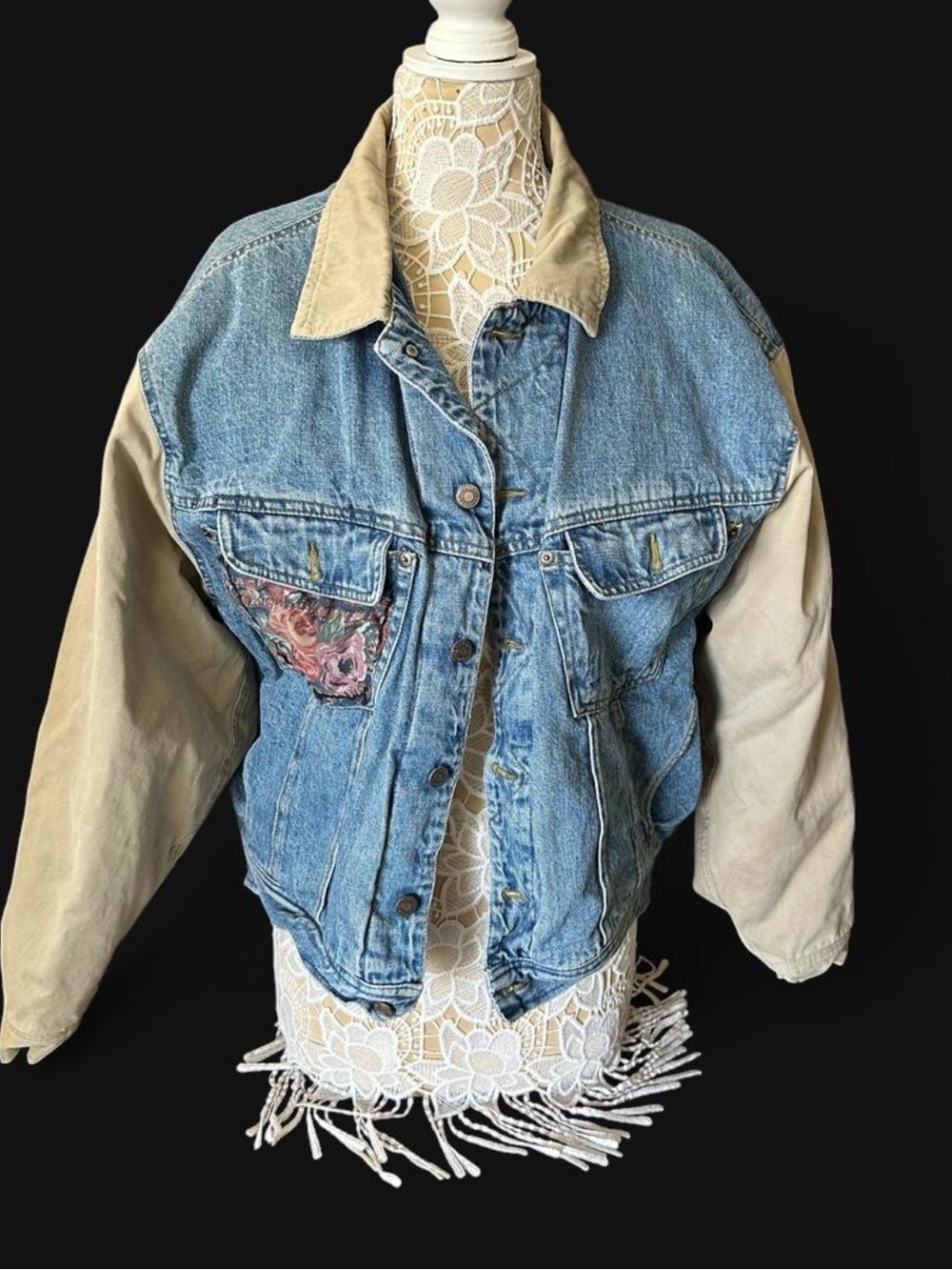 Women’s Two-Tone Denim Jacket with Beige Sleeves